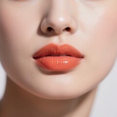Fototapeta premium Close-up of a person's lips with glossy orange lipstick