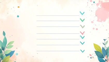 A colorful, artistic checklist background featuring checkmarks and leafy designs, perfect for note-taking or task management