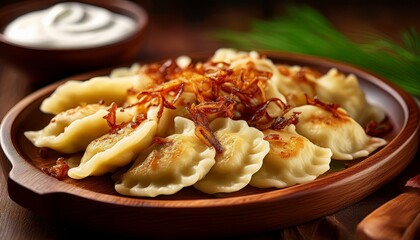 Fototapeta premium Varenyky mit Kartoffelfüllung – ukrainische Teigtaschen als Vorspeise