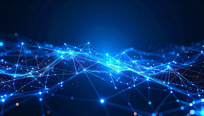 Fototapeta premium Abstract Network Connection: An abstract image depicting a network of interconnected nodes and lines, glowing with a bright blue light against a dark background, symbolizing connection, communication.