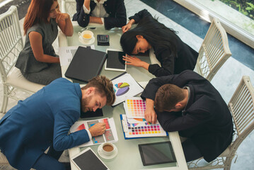 Recession Stress business teams meeting work hard at home office headache, depressed from failure...
