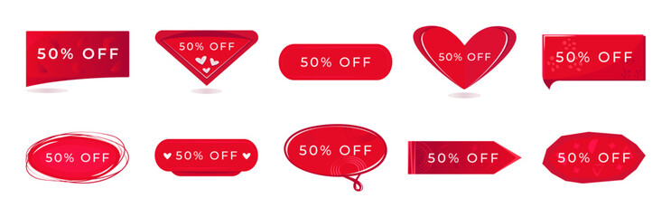 Red discount banner set with white text, 50% off coupons to increase sales on your website, gradient buttons in different shapes, vector color graphic