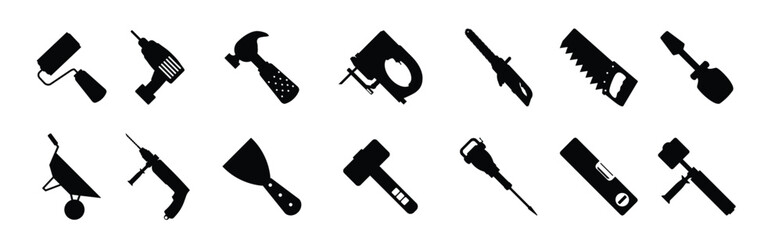 Tool icons. Set of different instrument icons. Simple tools signs. Black instrument icons