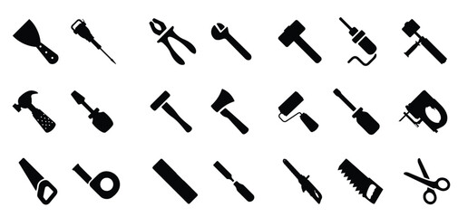 Tool or instrument icon collection in black. Construction tool silhouette icons. Screwdriver, wrench, wire cutter, drill, brush, hammer icons. Service and repair symbols. Vector