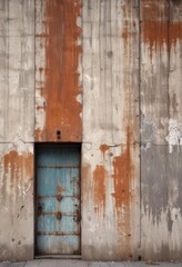 Weathered industrial facade; peeling paint, rusted metal, urban decay, gritty texture, metal, exterior