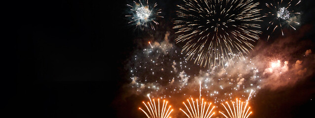 Banner Red Firework celebrate anniversary happy new year 2025 4th of july holiday festival. Banner red firework night time celebrate national holiday. Countdown new year 2025 festival with copy space