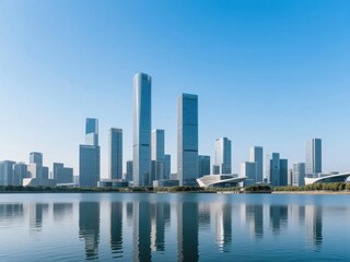 Obraz premium Modern Skyscrapers Reflected in a Calm Water Body