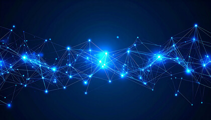 Fototapeta premium Digital Web: Abstract web of interconnected digital nodes, emitting a vibrant glow on a deep blue backdrop, symbolizing connectivity, innovation, and the boundless potential of the digital age.
