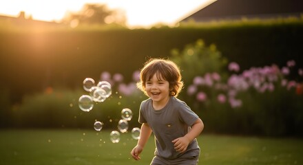 Laughing Young Boy Playing with Soap Bubbles in Sunlit Backyard Portrait at Golden Hour