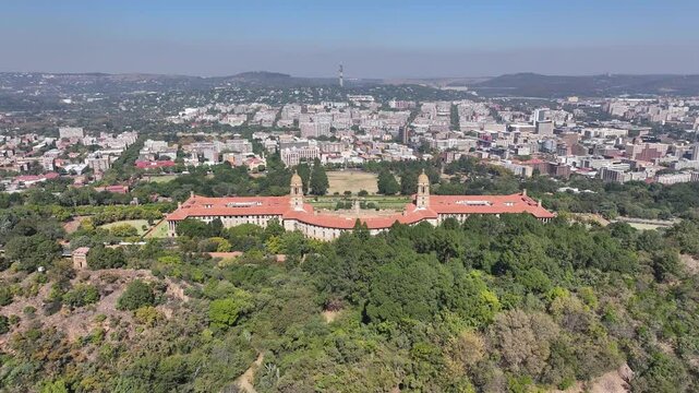 Union Buildings Government Office In Pretoria Gauteng South Africa. High Rise Building And Busy Traffic In Downtown Cityscape. Town Clouds Sky Backgrounds Urban. Town Exterior Panorama.