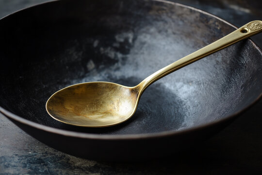 Cooking oil pours from a metal tablespoon into a hot pan in a modern kitchen