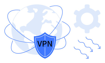 Blue shield with VPN label in front of world map surrounded by orbit lines, gear icon, and data flow. Ideal for security, privacy, internet safety, networking, data protection, technology access
