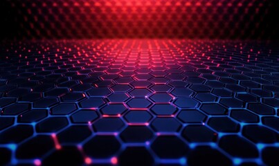 Naklejka premium Futuristic hexagonal grid pattern glowing with blue and red neon lights creating a high-tech digital surface with depth and perspective