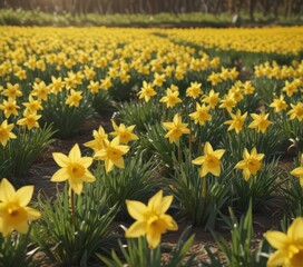 Fototapeta premium Sunlit daffodil field, vibrant yellow blooms, spring scene, optimism, beautiful, yellow flowers