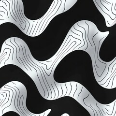 Abstract black and white wavy shapes with contour lines creating smooth flowing forms on a dark background