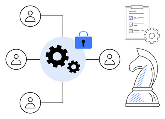 Connected team icons with gears in the center, locked padlock, checklist with gear, and chess knight symbolizing teamwork, security, strategic planning, organization, efficiency, innovation