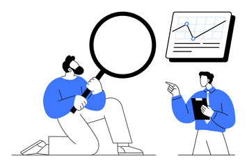 Man with magnifier explores details while another holds a clipboard, pointing at a growth chart. Ideal for research, teamwork, analysis, strategy, planning, data management, and problem-solving flat