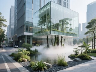 Obraz premium Modern Building with Indoor Greenery and Water Feature