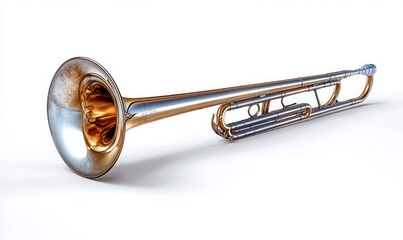 Close-up of a brass trombone resting on a white surface with detailed polished metallic reflections and a smooth gradient background