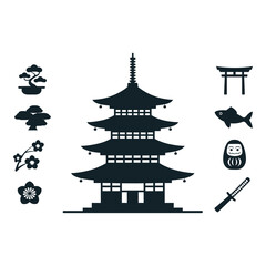 Simple Silhouette Icons of Japanese Culture and Landmarks