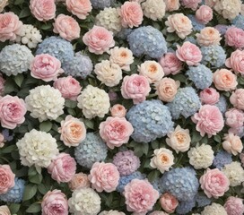 Elegant pastel floral wall, vintage style  Roses, hydrangeas, peonies featured , pastel flowers, artificial flowers