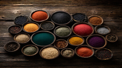 A colorful array of beans, grains, and spices arranged in bowls on a rustic wooden table, showcasing natural ingredients, culinary variety, and healthy plant-based foods.
