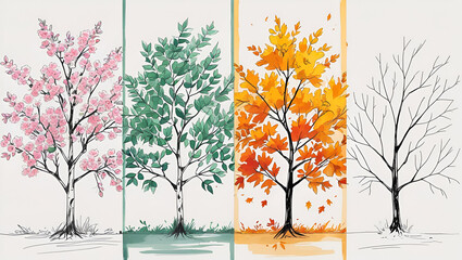 four-panel ink illustration of the same tree in different seasons, spring blossoms, summer full leaves, autumn falling leaves, winter bare branches