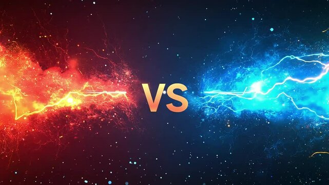 A dark-themed battle concept inspired by MMA fight night&mdash;featuring boxing, wrestling, Muay Thai, and mixed martial arts. fire 'VS' letters collide with sparks and glowing effects over a red-blue