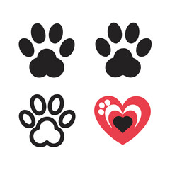 Fototapeta premium Dog paw print set. Paw icon collection on white background . Vector illustration. Pet paw editable stroke. footprints, Heart with pet paw print dog cat icon, vector illustration. paws prints dog. 