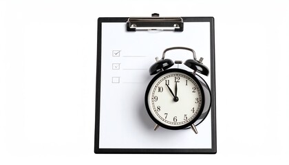 Obraz premium A black alarm clock rests on a clipboard with checkboxes, symbolizing time management and task completion