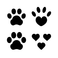 Fototapeta premium Dog paw print set. Paw icon collection on white background . Vector illustration. Pet paw editable stroke. footprints, Heart with pet paw print dog cat icon, vector illustration. paws prints dog. 