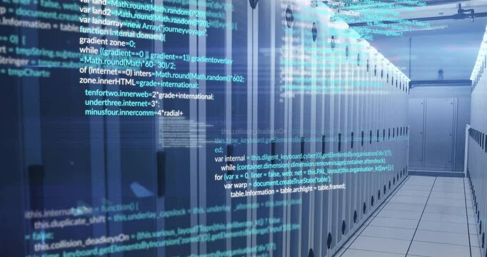 Code streams appearing triggers camera panning right, revealing server racks visualizing data flow