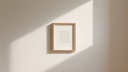 A wooden picture frame on a wall with sunlight casting shadows