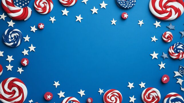 Festive patriotic lollipops and stars on a blue background.
