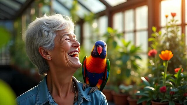 Senior woman with colorful parrot in greenhouse
