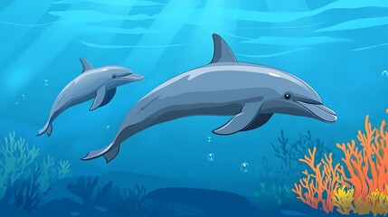 Dolphins swimming ocean coral reef.