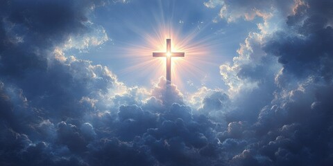 Radiant cross glowing brightly above dramatic cloudscape with sun rays bursting through blue sky, evoking a sense of hope and spirituality