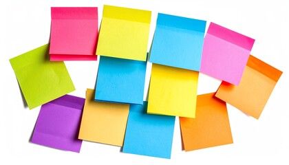 Colorful sticky notes arranged randomly on a white background, showcasing various vibrant hues ideal for reminders and organization