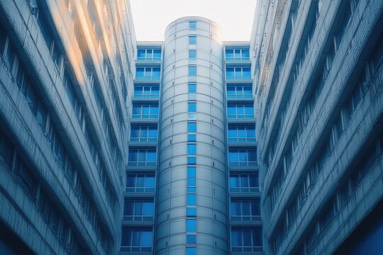 Modern urban buildings with a central cylindrical tower reflecting sunlight at the top, featuring numerous windows and creating a symmetrical architectural perspective - Powered by Adobe