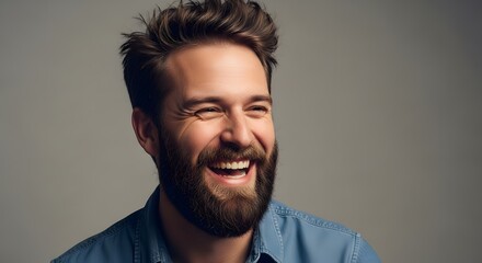 Obraz premium Laughing Bearded Man with Messy Hair Studio Close Up Portrait