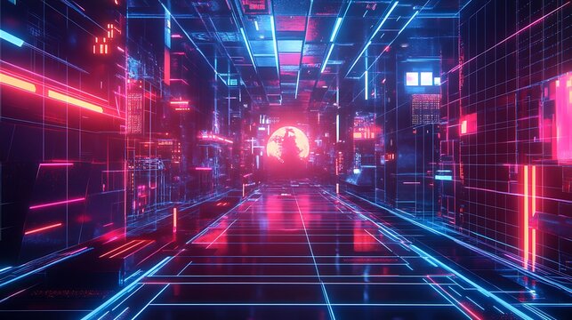 Futuristic neon tunnel with digital grid.