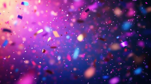 Colorful confetti floating in the air on a purple and pink glowing background creating a festive and celebratory atmosphere