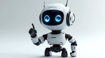 cute futuristic small white robot with glowing blue eyes raising one finger in a friendly gesture on white background