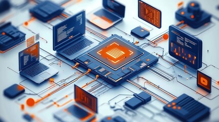 Futuristic digital network centered on a glowing microchip connected to multiple laptops and screens displaying code and data in a high-tech environment