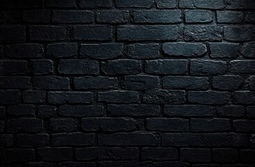 Dark black brick wall with uneven textured bricks illuminated by subtle overhead light creating a moody and mysterious atmosphere