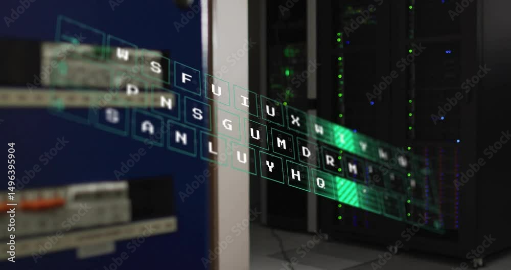 Poster holographic keyboard appearing over racks drifting and scanning green keys simulating data flow