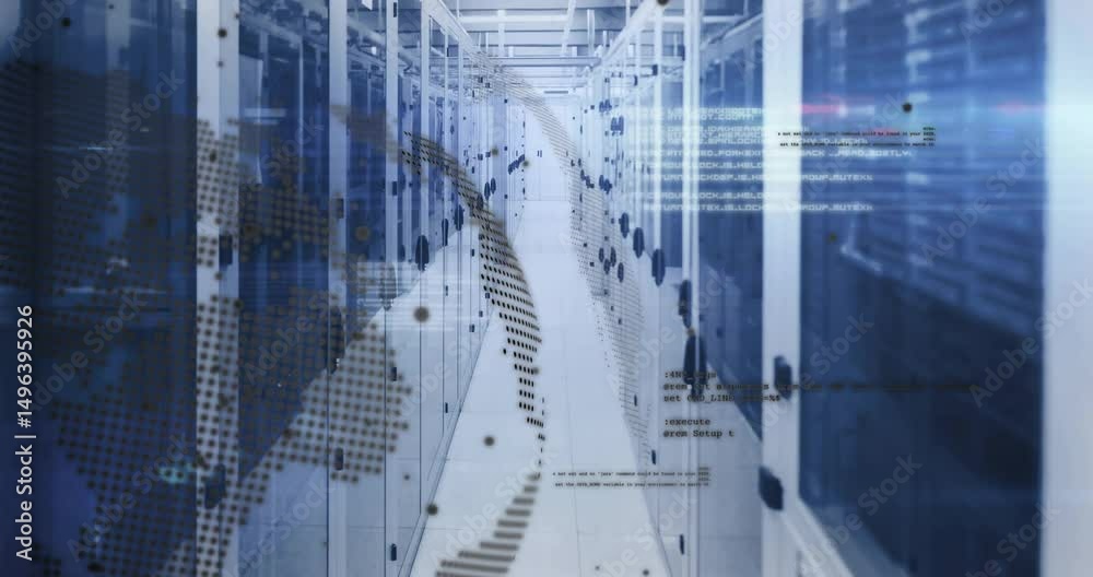 Poster on load server aisle shifting dot-matrix globe overlay dissolving reemerging showing data flow