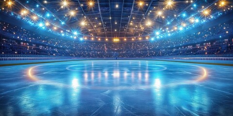 Brightly lit empty ice hockey arena with glistening ice surface and glowing yellow and blue lights reflecting from the ceiling and seating areas