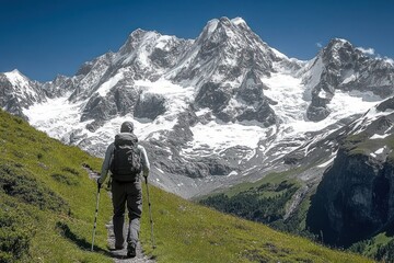 Fototapeta premium Hiker with backpack walking on green mountain slope with trekking poles under clear blue sky facing large snow-covered jagged mountain peaks