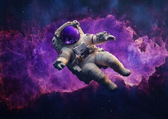 Fototapeta premium An astronaut floating in deep space surrounded by vibrant purple and blue cosmic nebula clouds conveying exploration and solitude